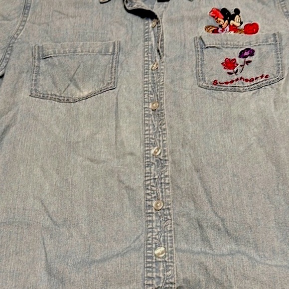 Vintage 90s Disney Denim Button Long Sleeve Shirt Mickey & Minnie Embroidery XL - Picture 3 of 8